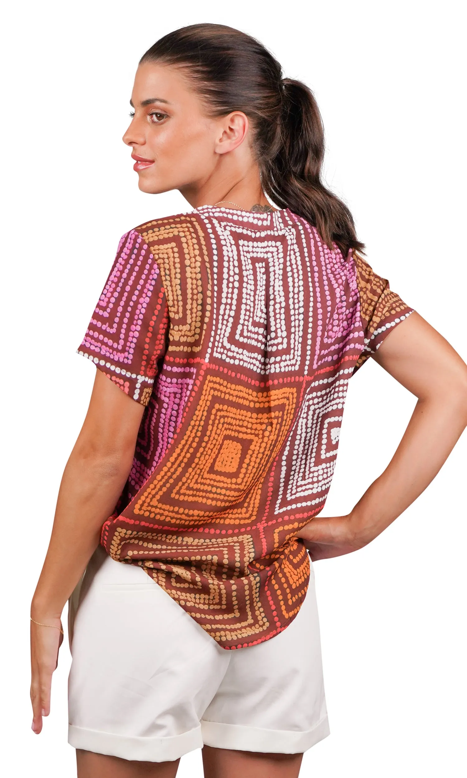 Aboriginal Art Ladies Short Sleeve Blouse Karnta Jukurrpa