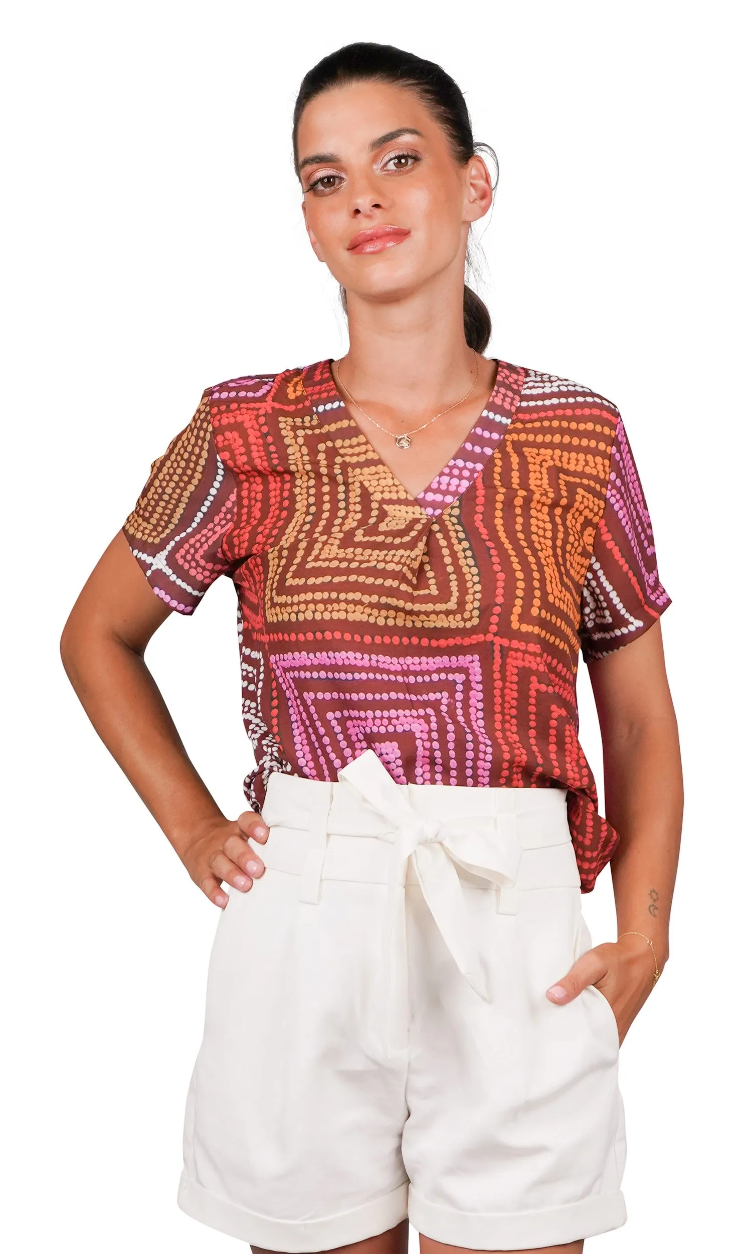 Aboriginal Art Ladies Short Sleeve Blouse Karnta Jukurrpa