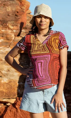 Aboriginal Art Ladies Short Sleeve Blouse Karnta Jukurrpa