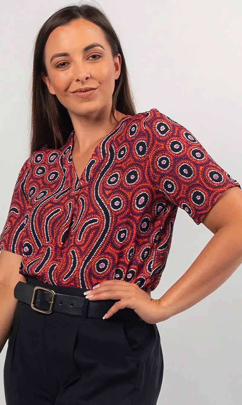 Aboriginal Art V-Neck Short Sleeve Woman's Blouse Lappi Lappi Jukurrpa