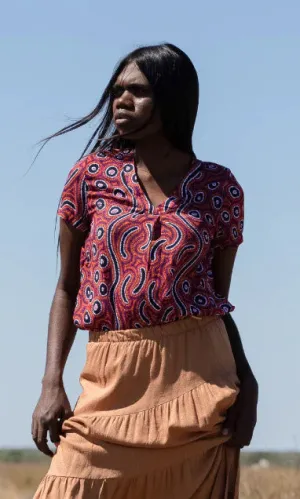 Aboriginal Art V-Neck Short Sleeve Woman's Blouse Lappi Lappi Jukurrpa