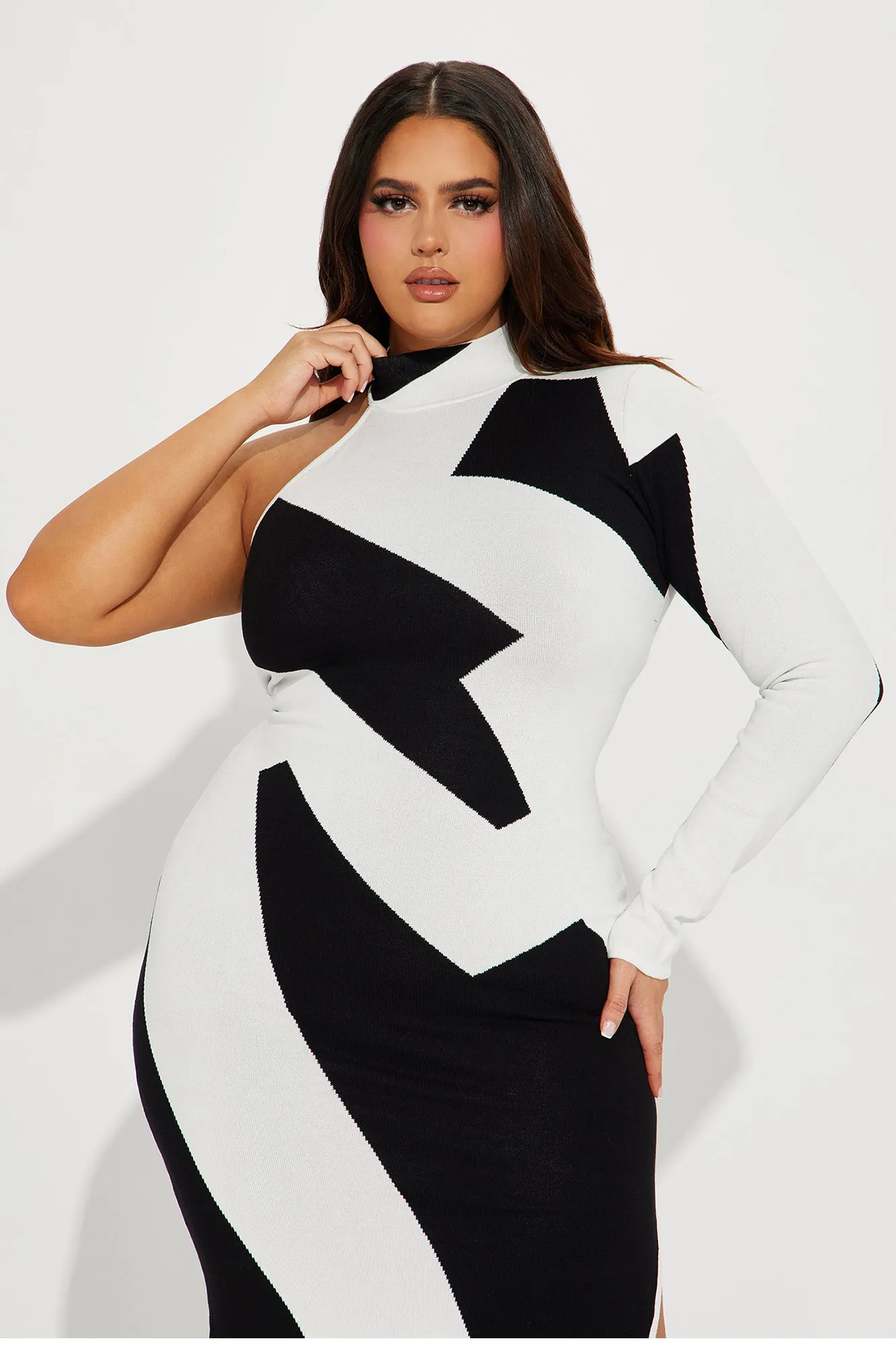 Abstract One Shoulder Maxi Dress - Black/White