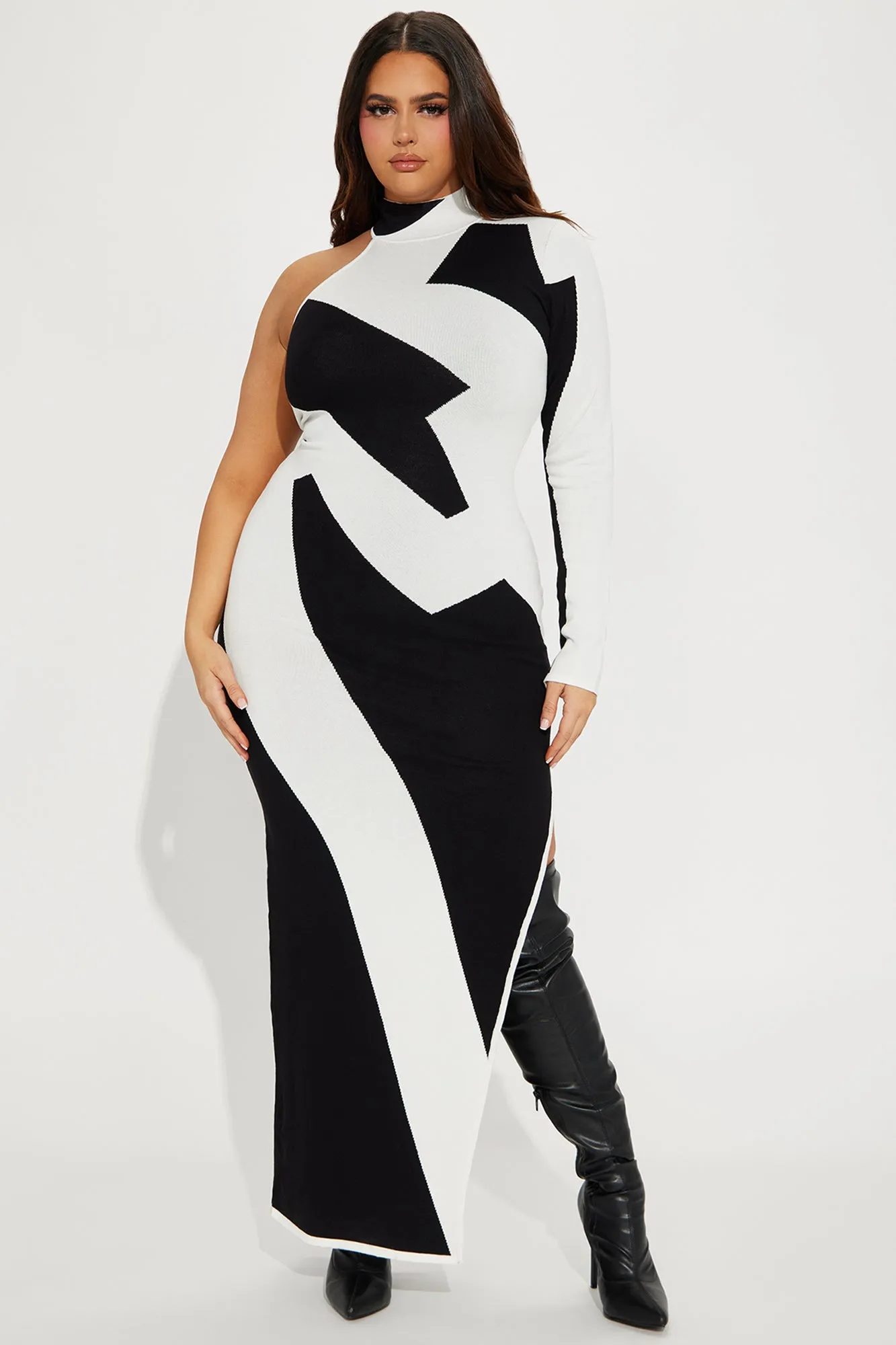 Abstract One Shoulder Maxi Dress - Black/White