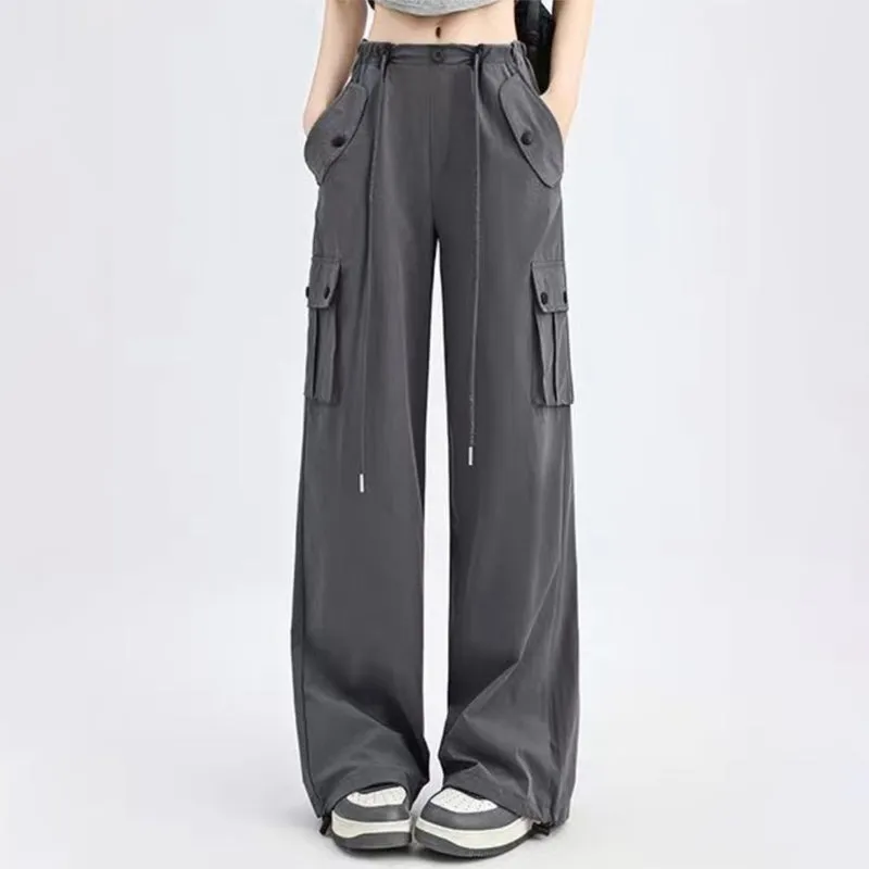 Adjustable Waist Straight Pants Denim Cargo Pants