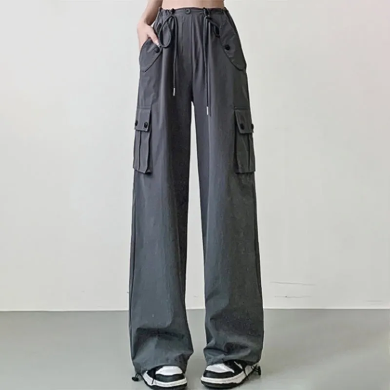 Adjustable Waist Straight Pants Denim Cargo Pants