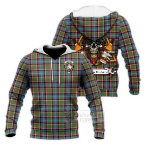 Aikenhead Tartan Knitted Hoodie with Family Crest and Bearded Skull Holding Bottles of Whiskey