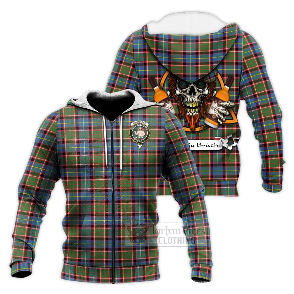 Aikenhead Tartan Knitted Hoodie with Family Crest and Bearded Skull Holding Bottles of Whiskey