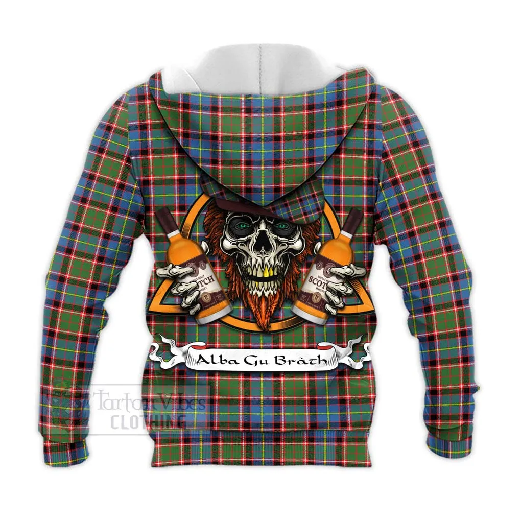 Aikenhead Tartan Knitted Hoodie with Family Crest and Bearded Skull Holding Bottles of Whiskey