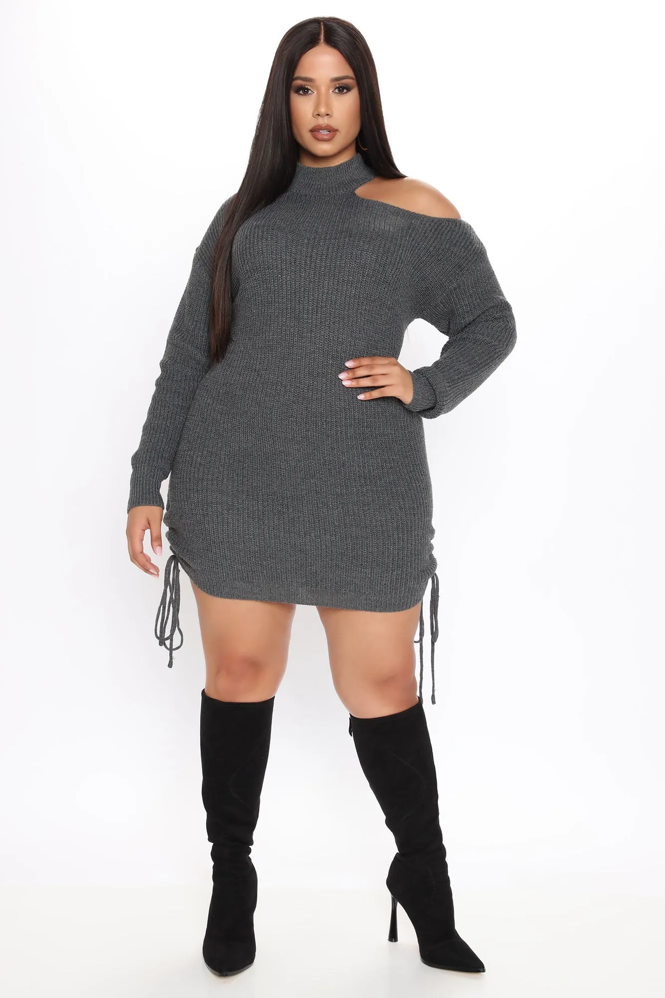 Allison Ruched Sweater Mini Dress - Charcoal