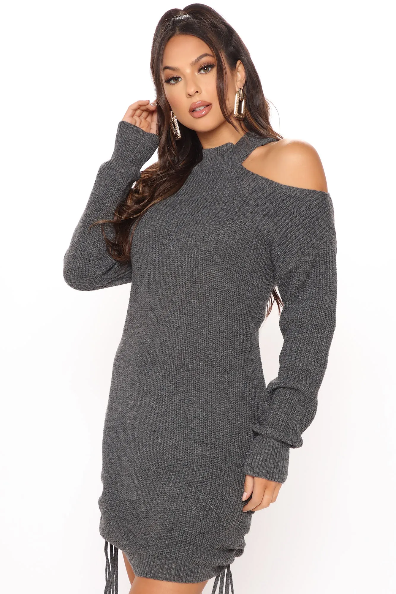 Allison Ruched Sweater Mini Dress - Charcoal