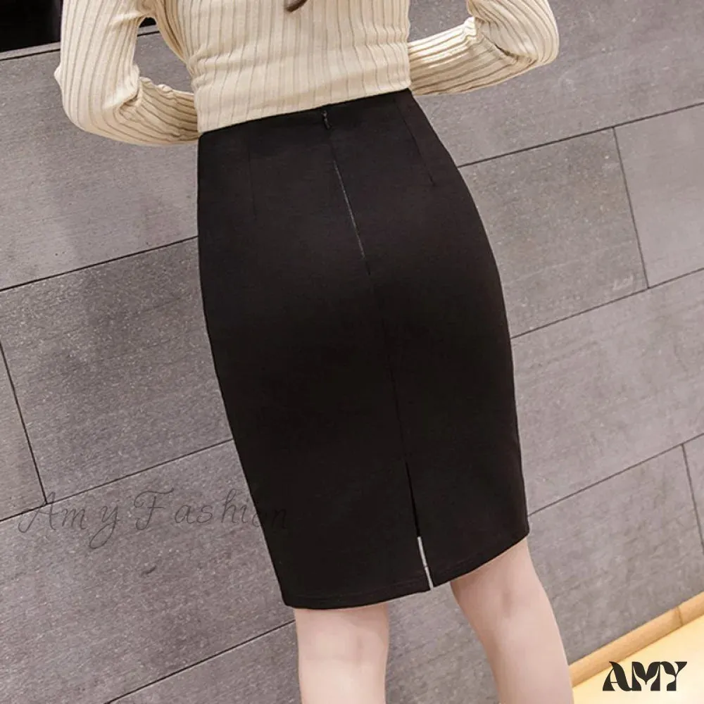 Amy Fashion - Black Oversized High Waist Work Slim Pencil Skirt