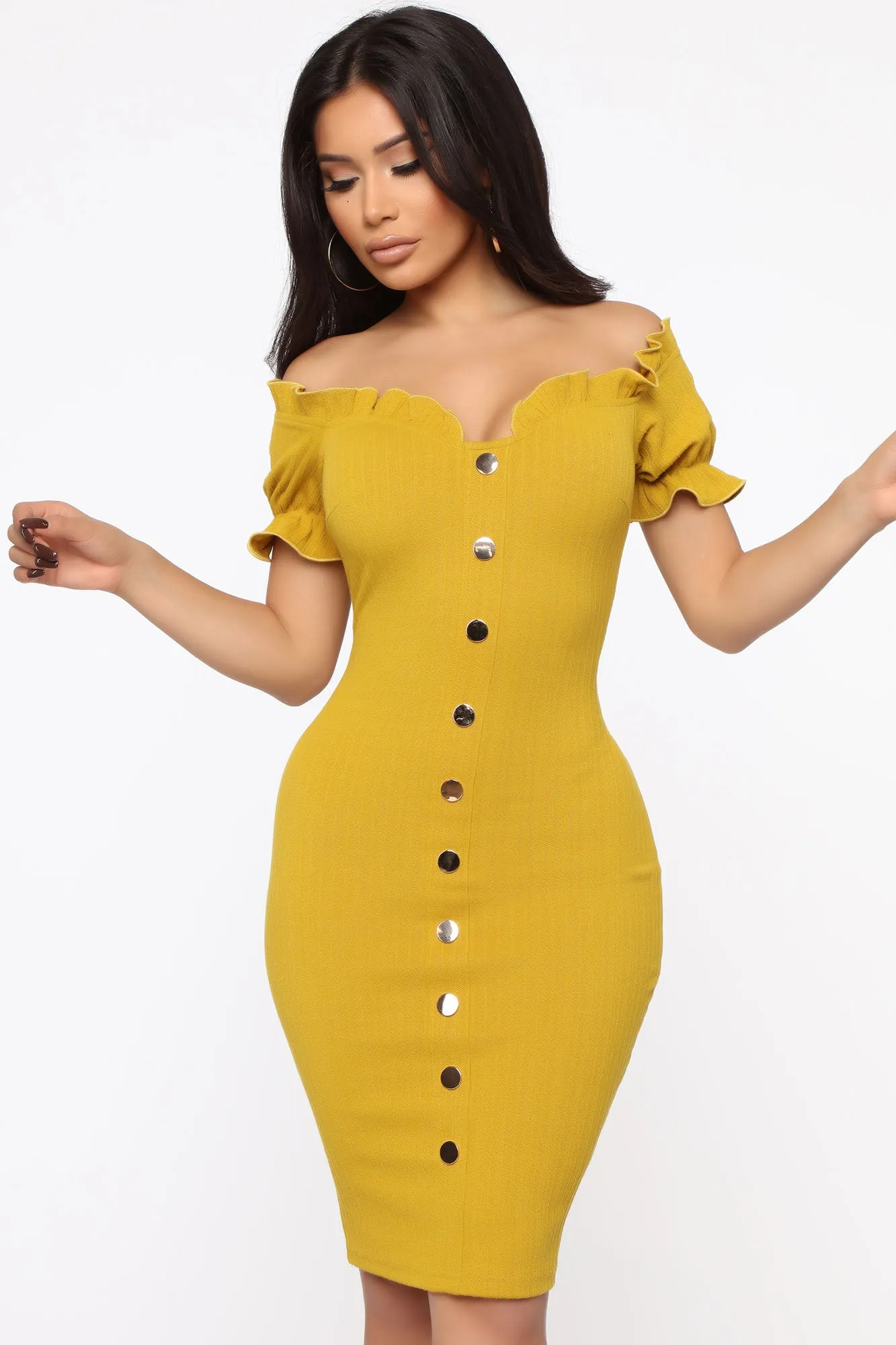 Bailey Button Front Midi Dress - Mustard