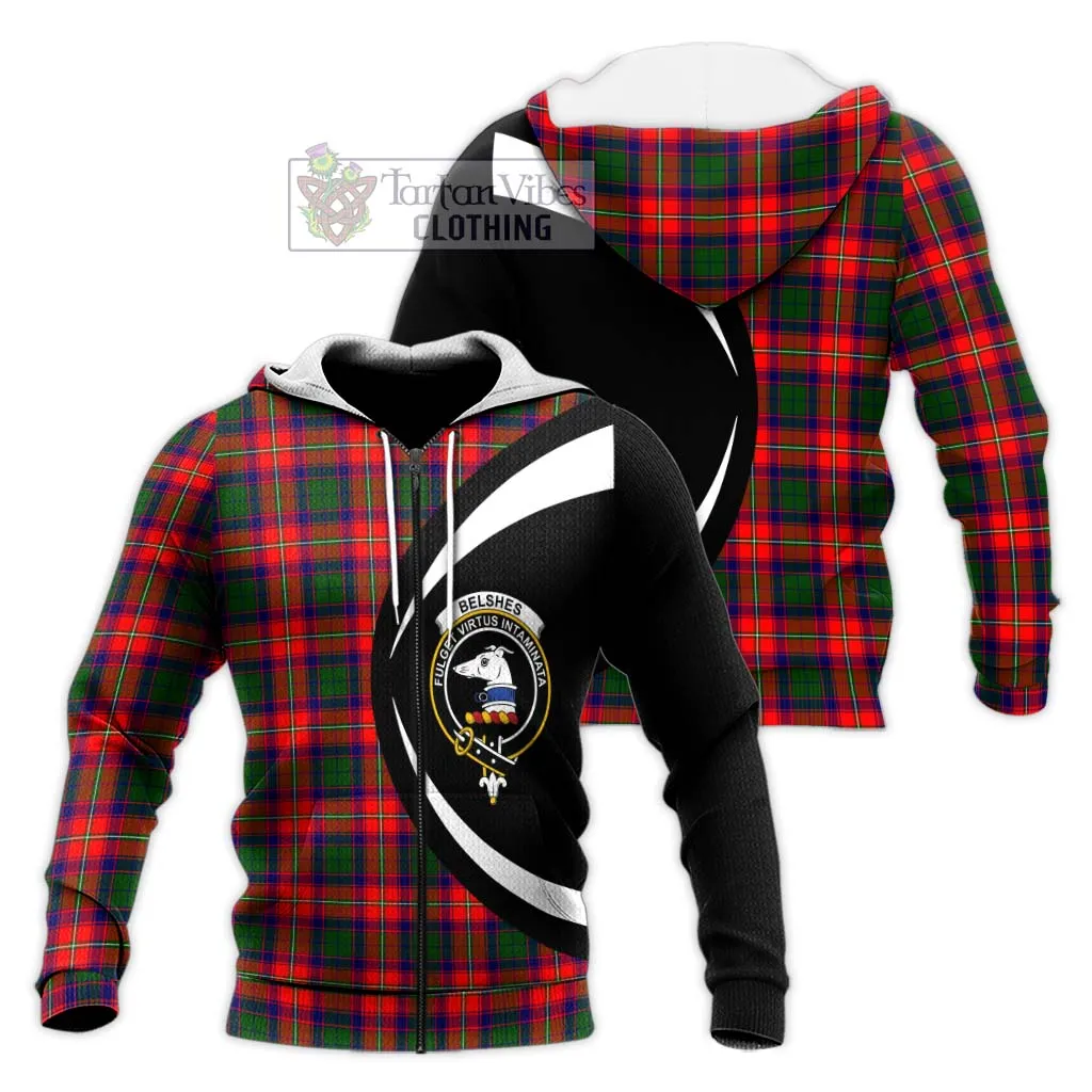 Belshes Tartan Knitted Hoodie with Family Crest Circle Style