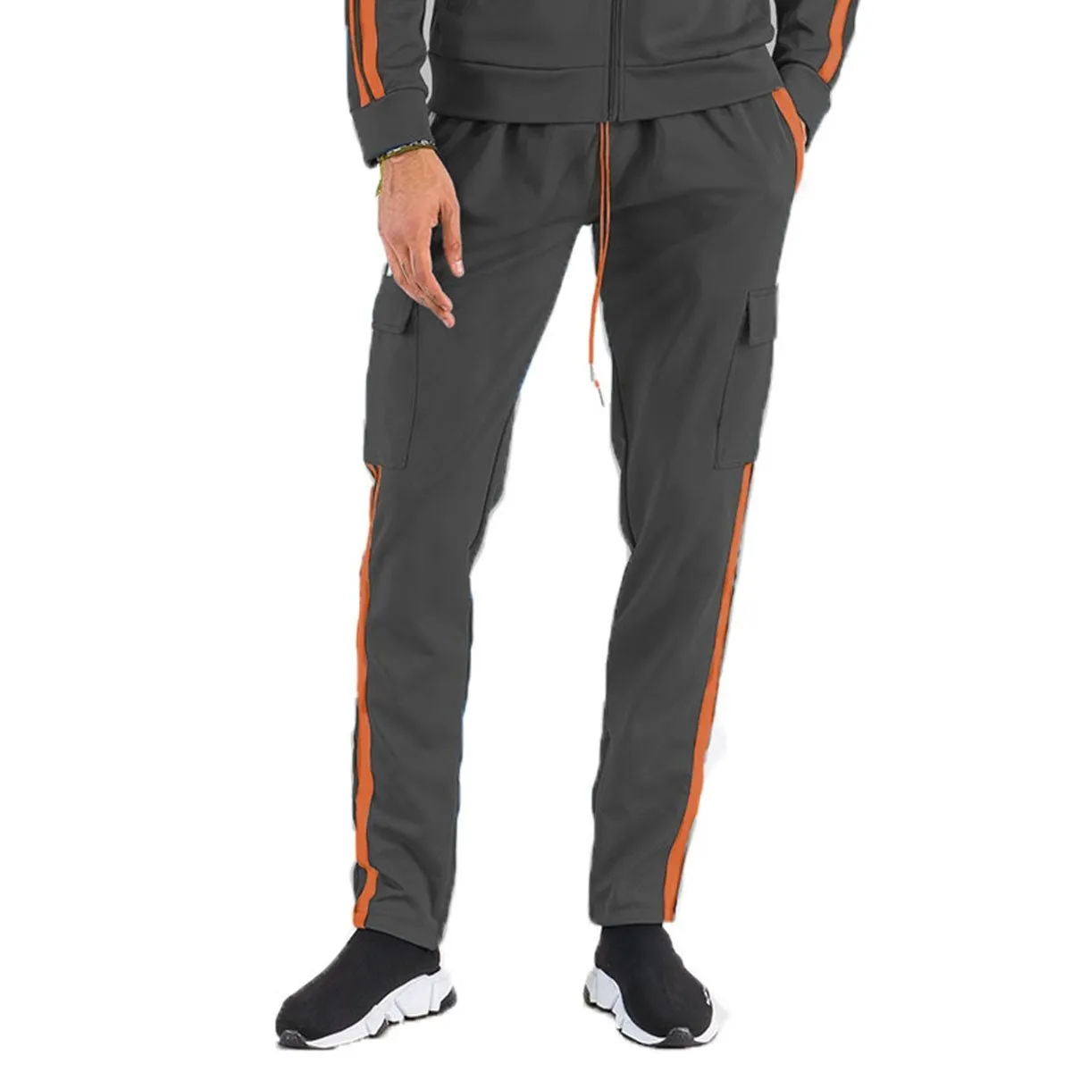 Black & Orange Striped Cargo Track Pants