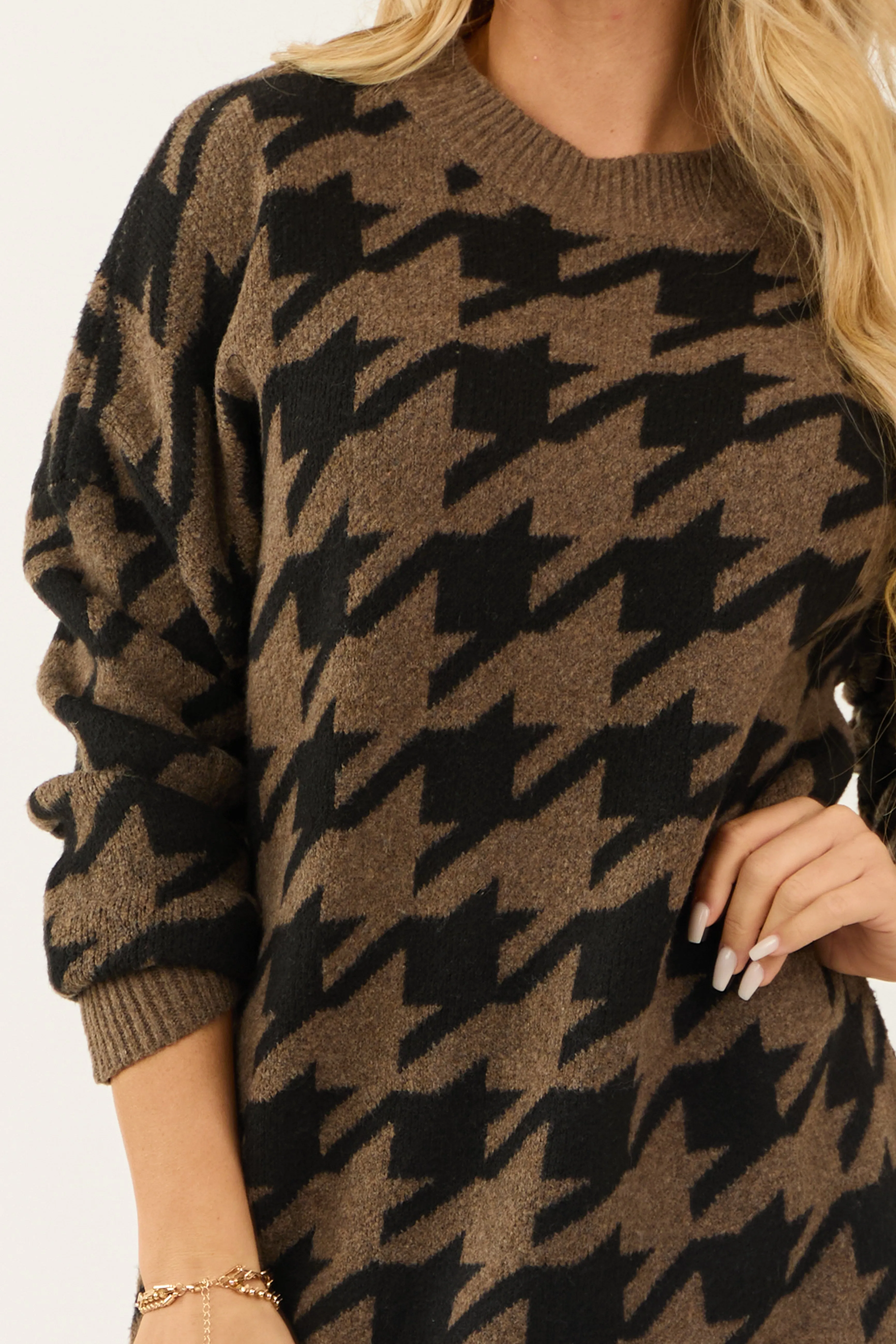 Black and Coffee Houndstooth Short Sweater Dress