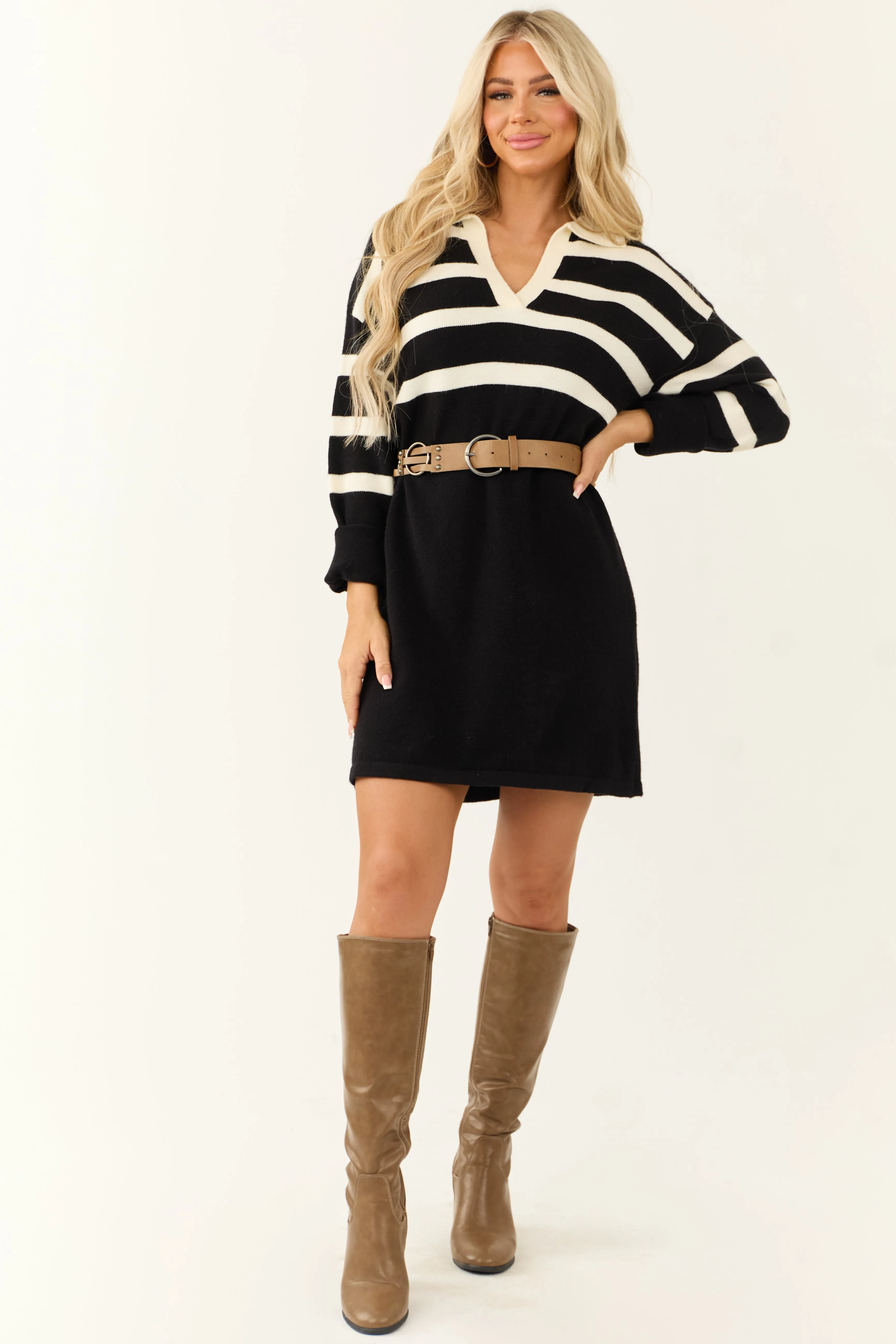 Black and Ivory Striped Short Sweater Dress