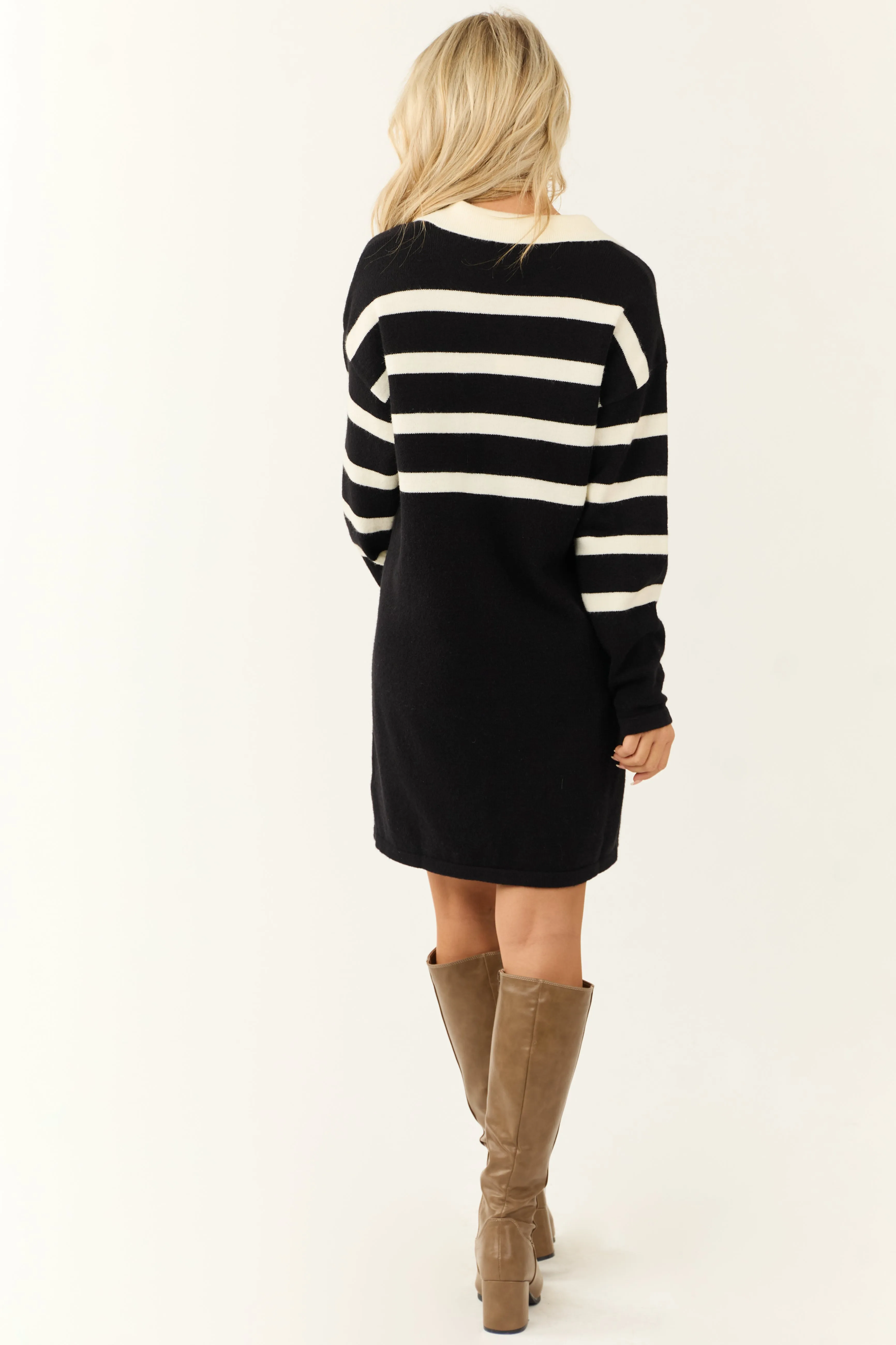 Black and Ivory Striped Short Sweater Dress