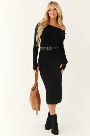 Black Boat Neck Long Sleeve Midi Sweater Dress