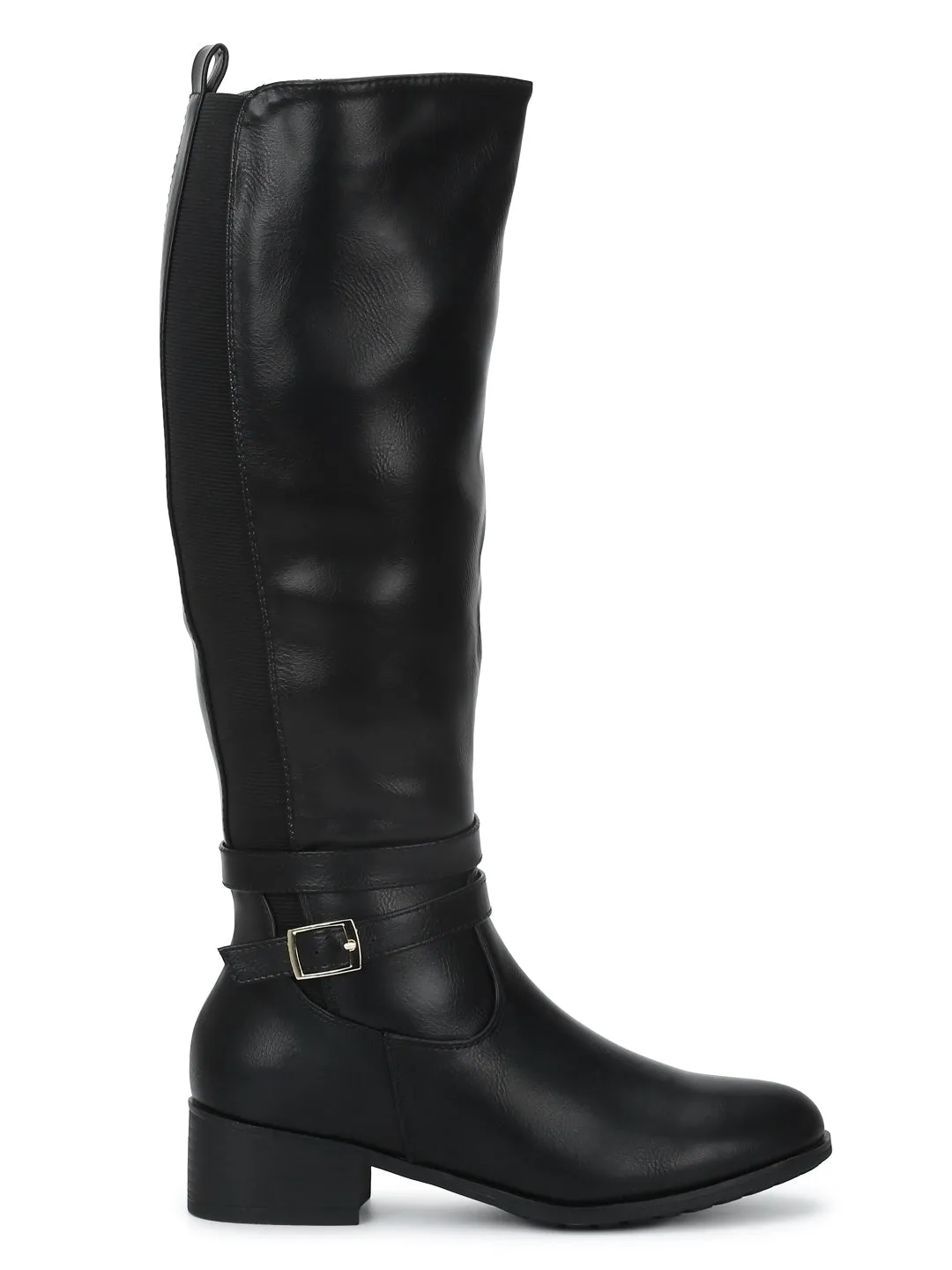 Black Pu Buckled Low Heel Calf Length Boots