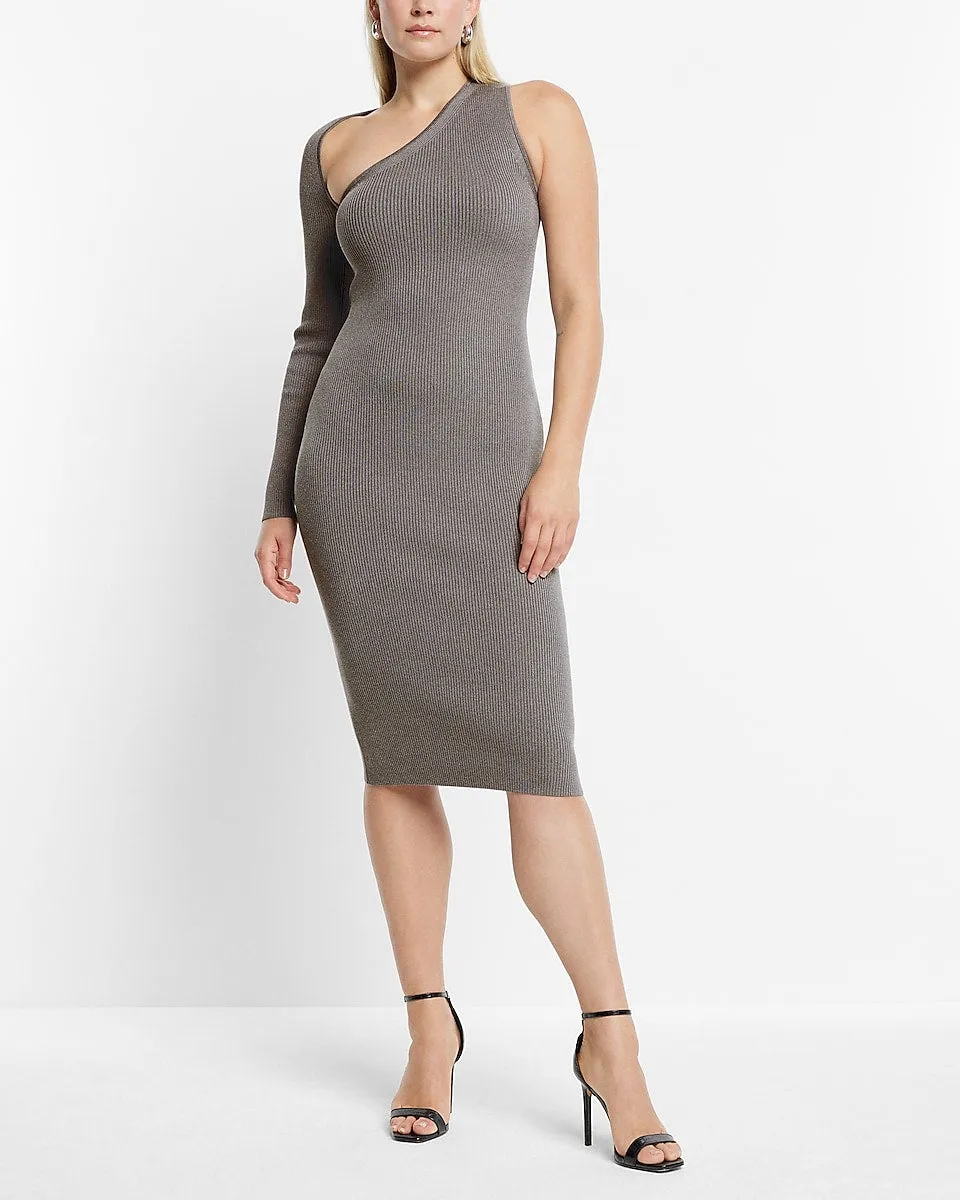 Body Contour Ribbed Asymmetrical One Shoulder Midi Sweater Dress in Slate Heather Gray