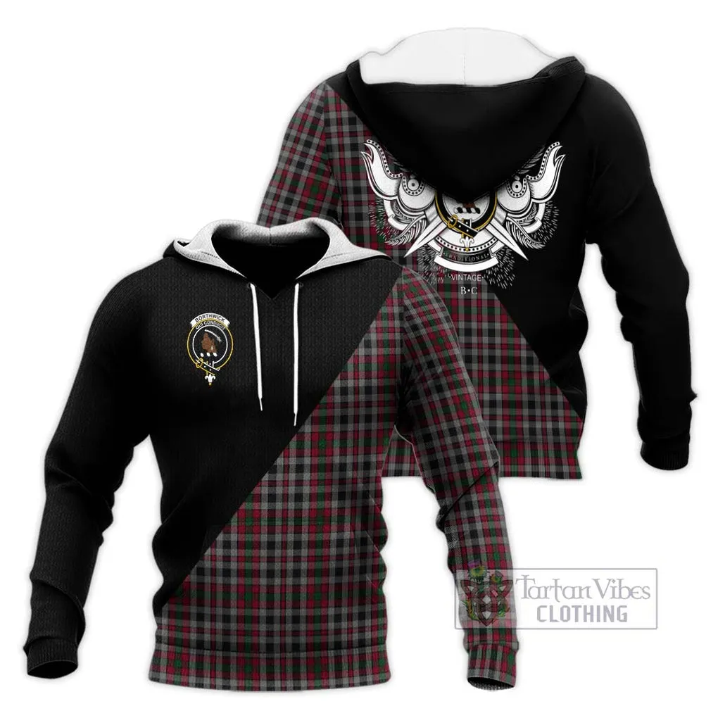 Borthwick Tartan Knitted Hoodie with Family Crest and Military Logo Style