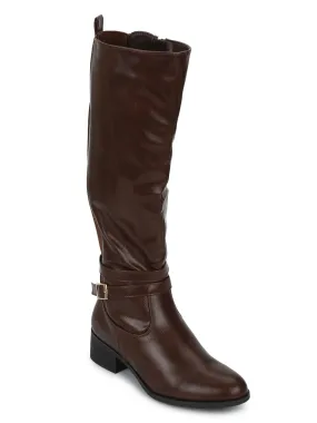 Brown Pu Buckled Low Heel Calf Length Boots