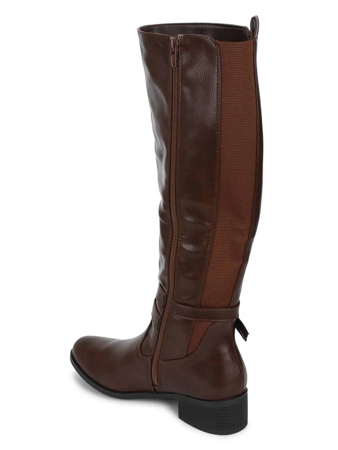 Brown Pu Buckled Low Heel Calf Length Boots