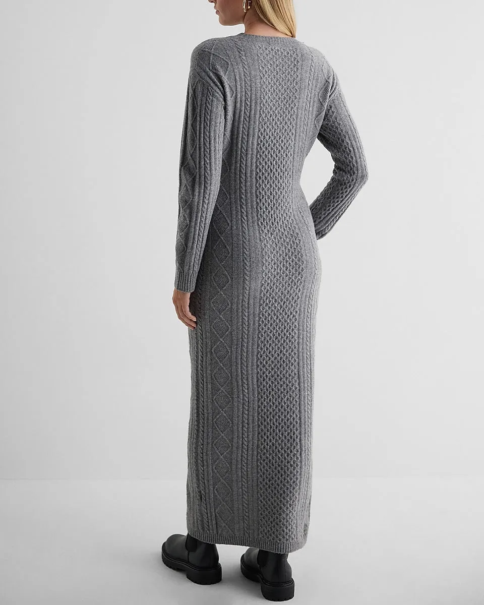 Cable Knit Crew Neck Long Sleeve Maxi Sweater Dress in Slate Heather Gray