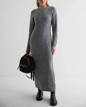 Cable Knit Crew Neck Long Sleeve Maxi Sweater Dress in Slate Heather Gray