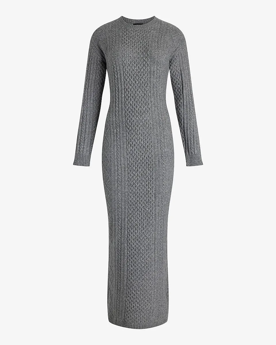 Cable Knit Crew Neck Long Sleeve Maxi Sweater Dress in Slate Heather Gray