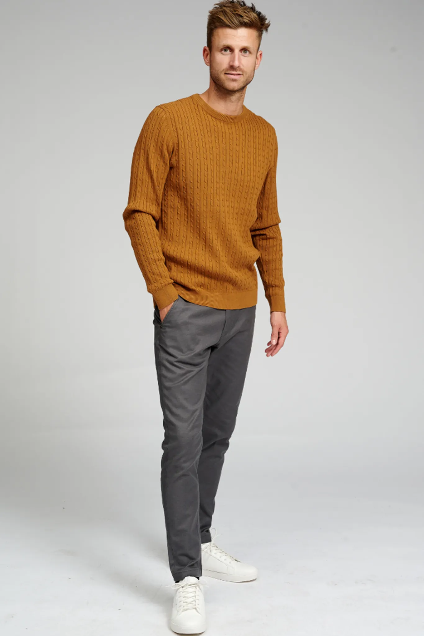 Cable Knit Crewneck - Light Brown