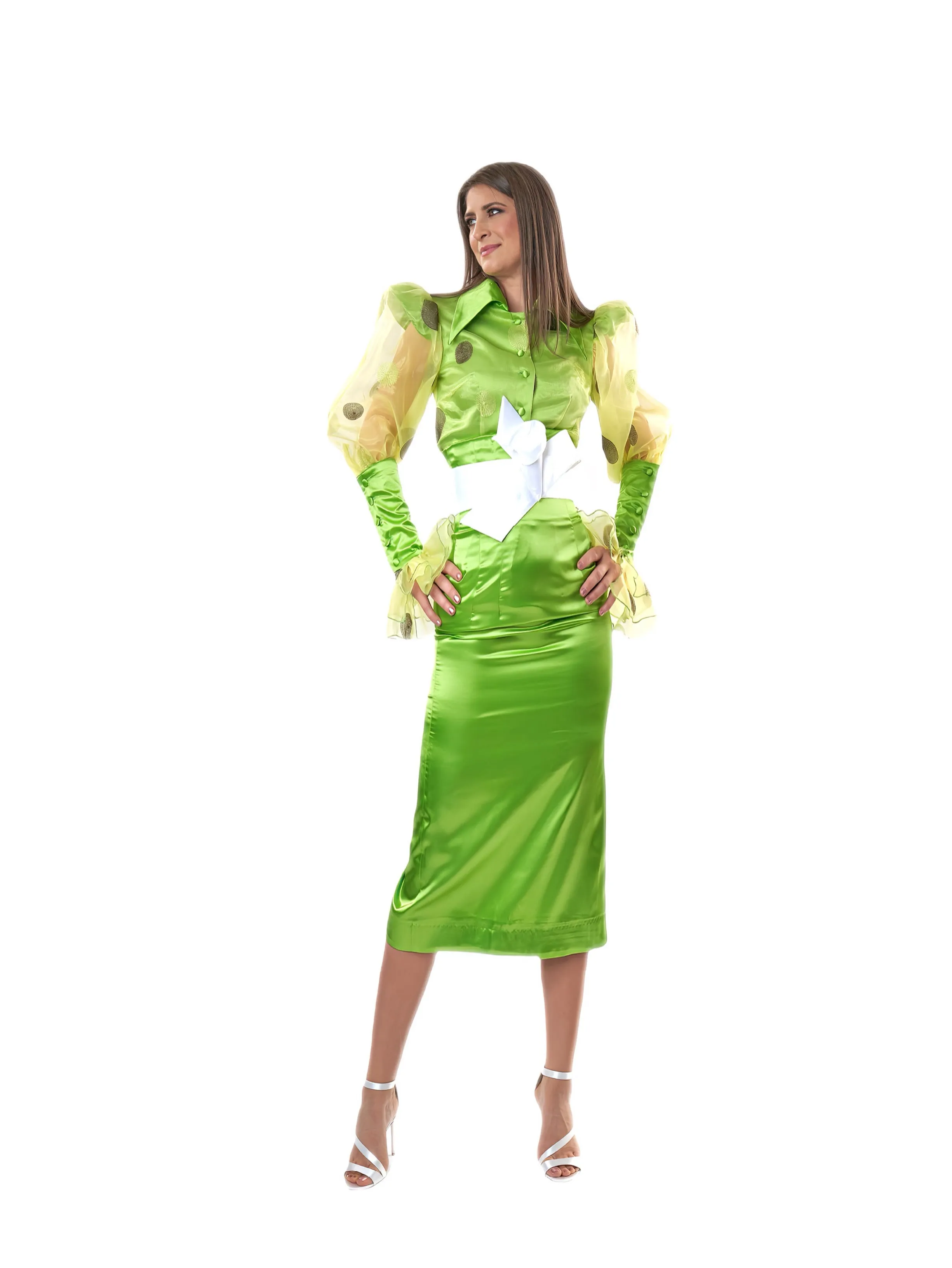 Chartreuse High Waist Satin Pencil Skirt in Sizes XS S M L XL 2XL 3XL