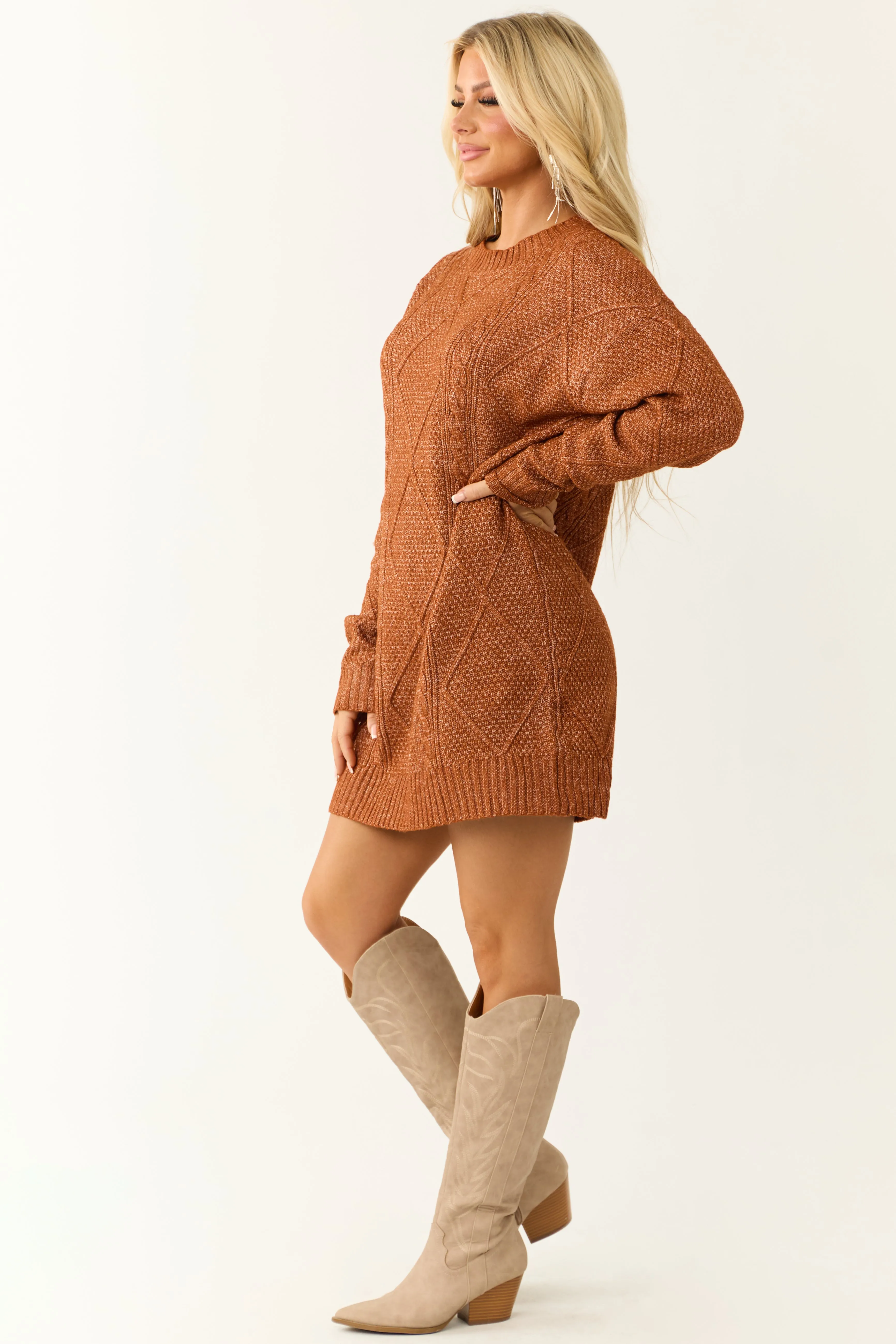 Cinnamon Cable Knit Loose Fit Short Sweater Dress