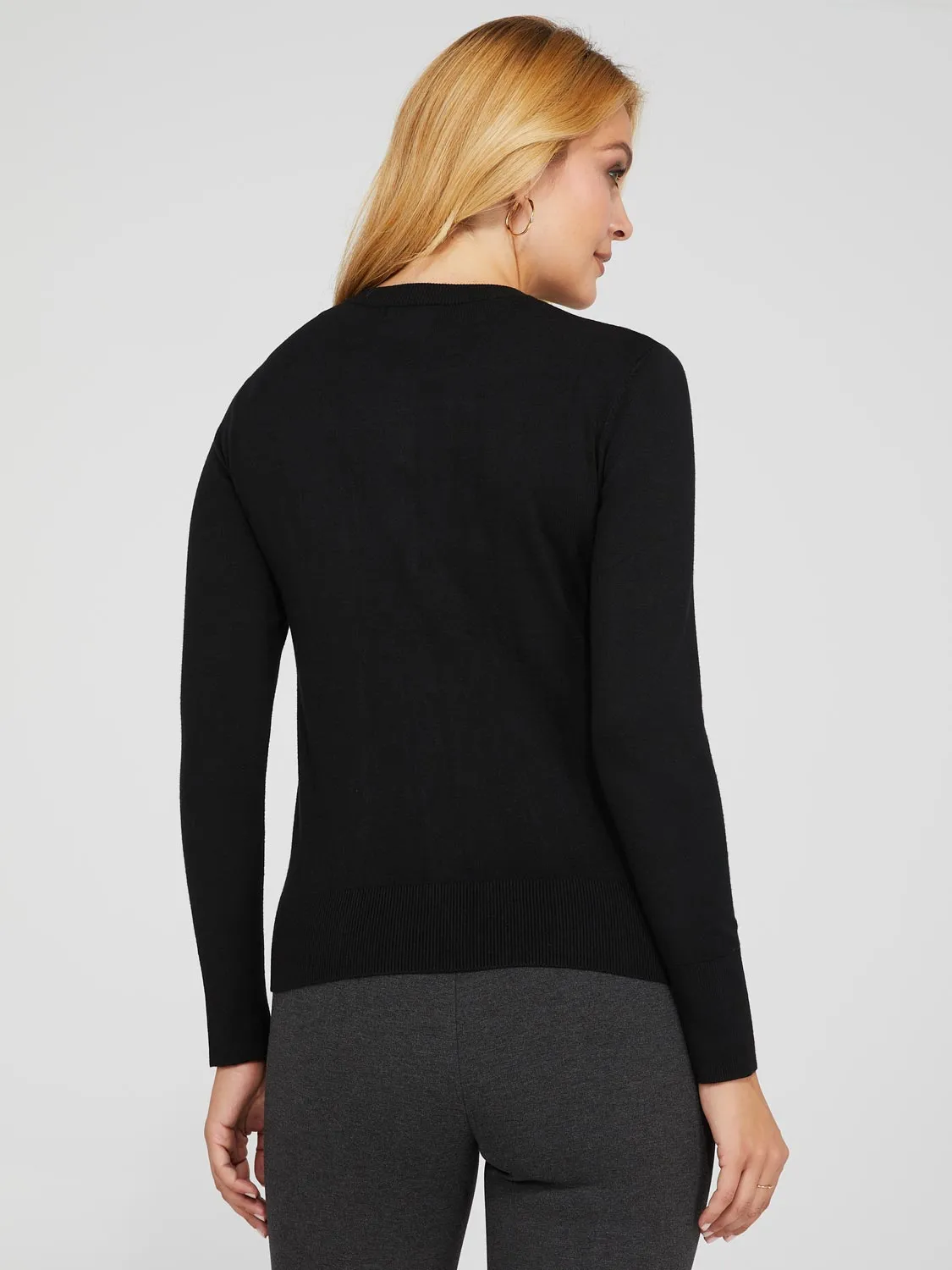 Crew Neck Cardigan With Ribbed Details