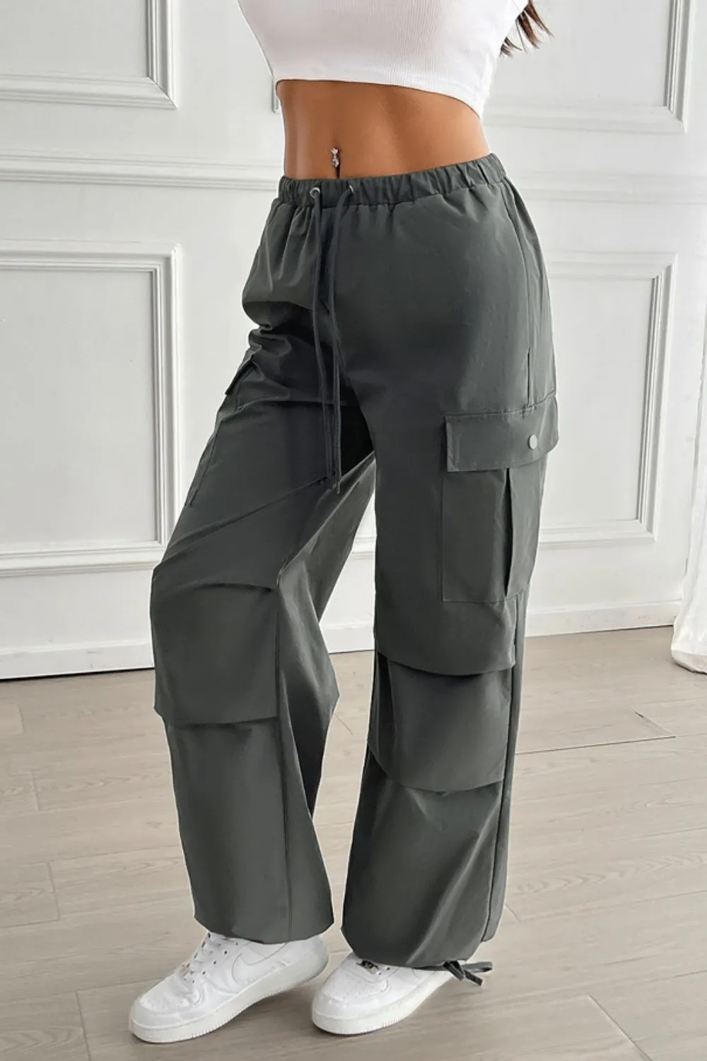 Devine Drawstring Wide Leg Pants with Cargo Pockets