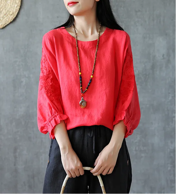 Embroidery Sleeve Summer Women Casual Blouse Cotton Linen Shirts  Women Tops DZA2005248