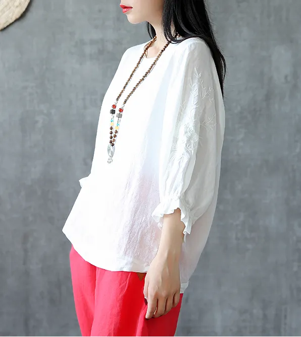 Embroidery Sleeve Summer Women Casual Blouse Cotton Linen Shirts  Women Tops DZA2005248