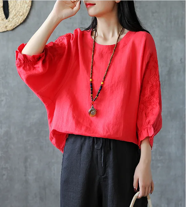 Embroidery Sleeve Summer Women Casual Blouse Cotton Linen Shirts  Women Tops DZA2005248