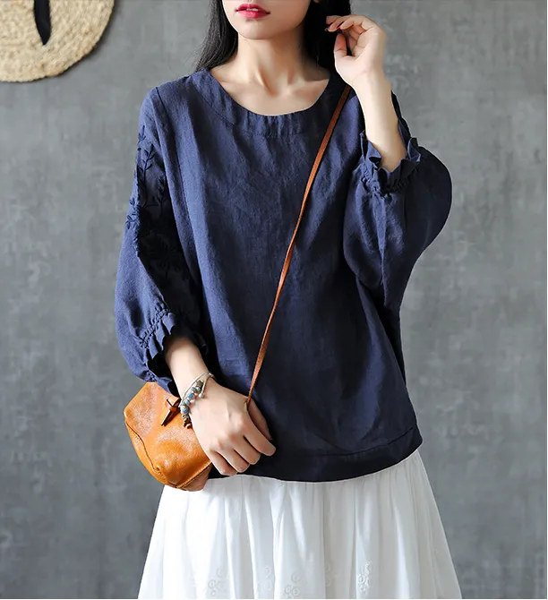 Embroidery Sleeve Summer Women Casual Blouse Cotton Linen Shirts  Women Tops DZA2005248