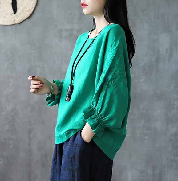 Embroidery Sleeve Summer Women Casual Blouse Cotton Linen Shirts  Women Tops DZA2005248