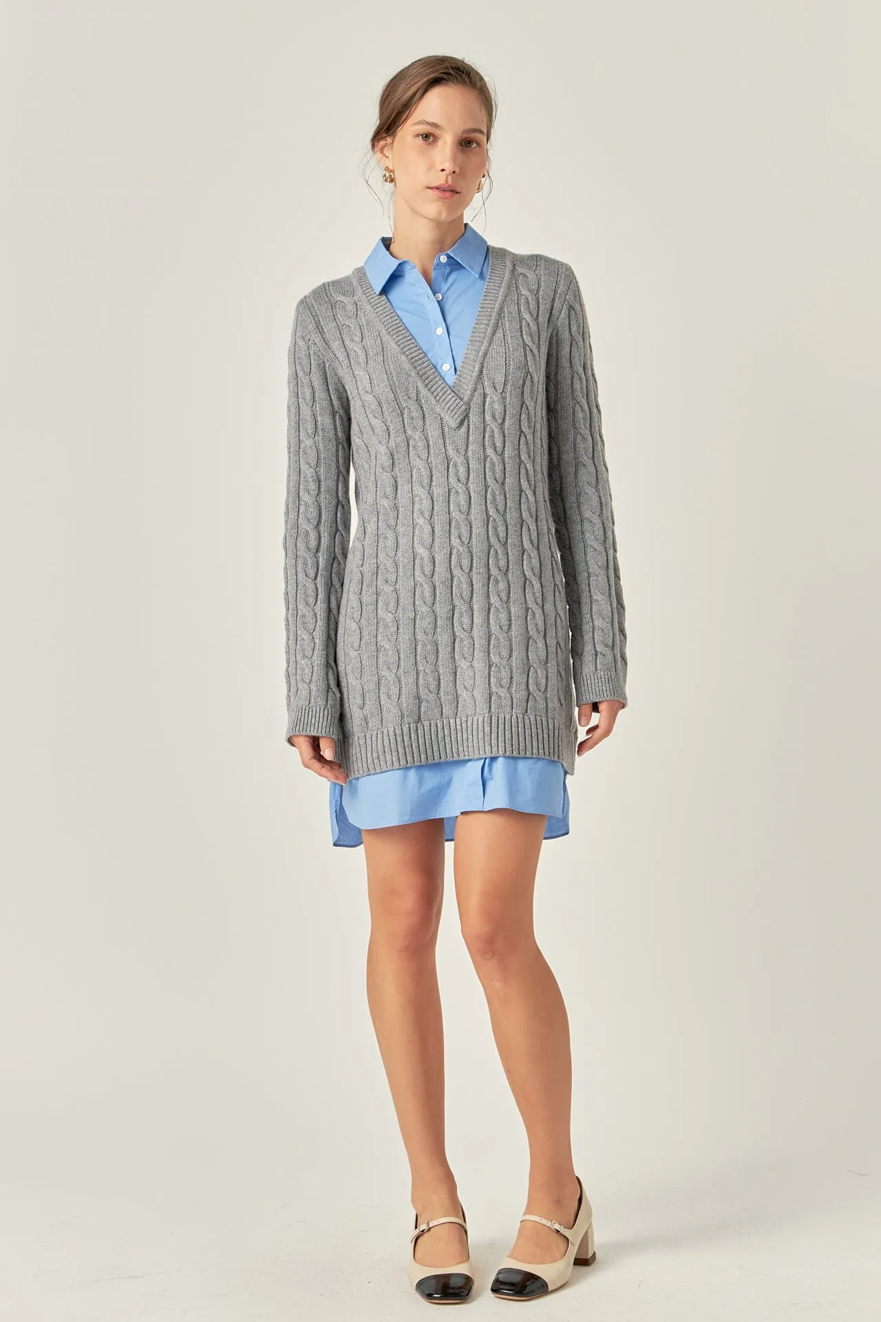 English Factory - Mixed Media Cable Knit V-Neck Drop Sweater Dress