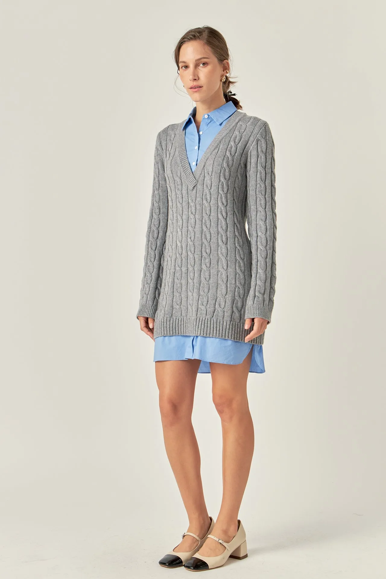 English Factory - Mixed Media Cable Knit V-Neck Drop Sweater Dress