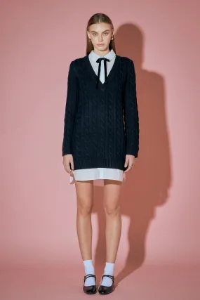 English Factory - Mixed Media Cable Knit V-Neck Drop Sweater Dress