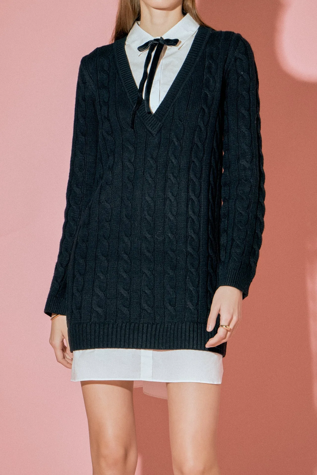 English Factory - Mixed Media Cable Knit V-Neck Drop Sweater Dress