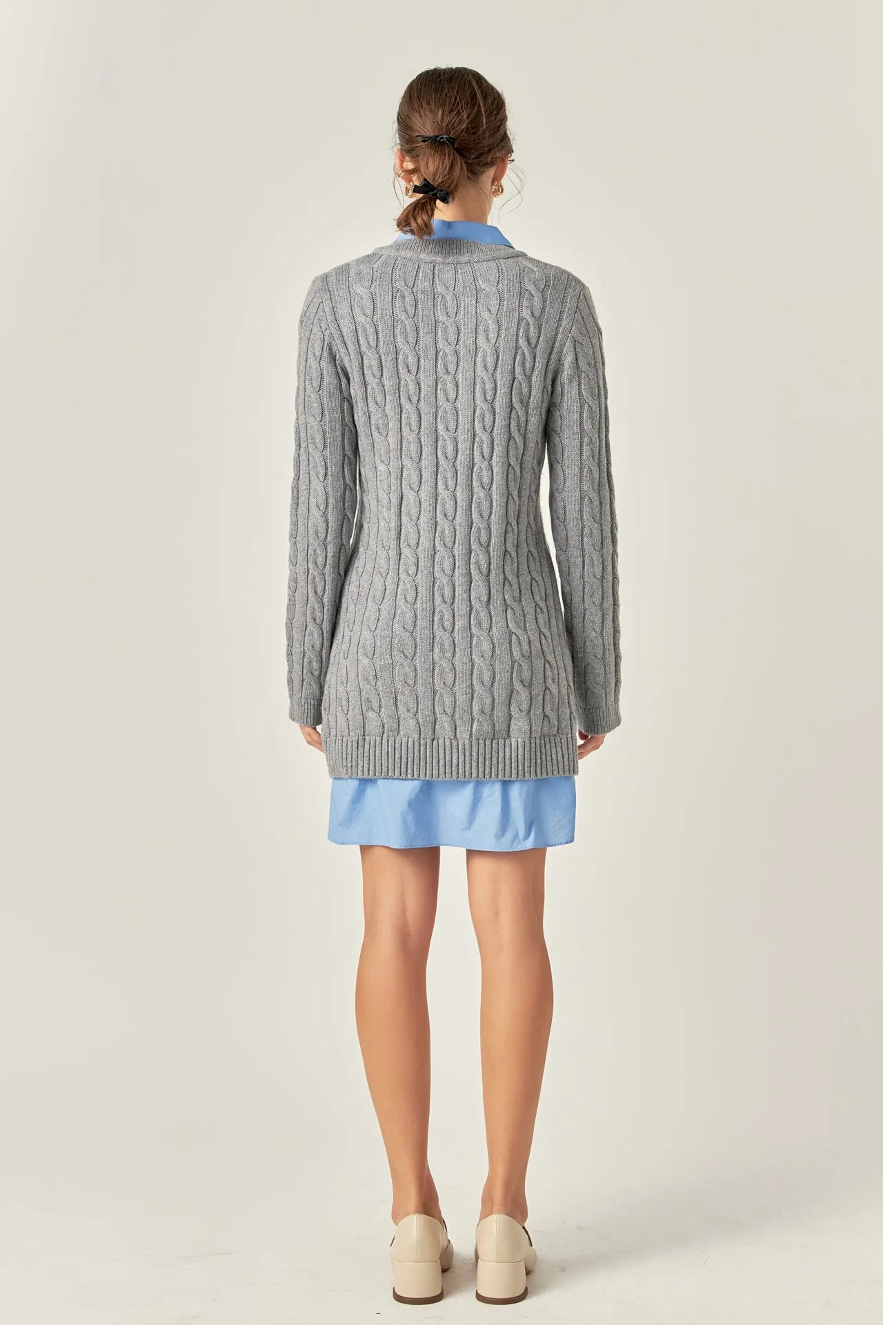 English Factory - Mixed Media Cable Knit V-Neck Drop Sweater Dress