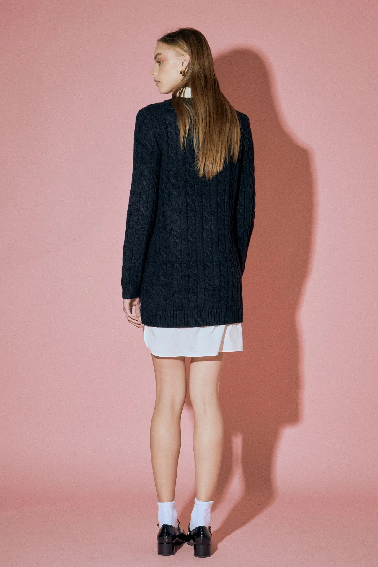 English Factory - Mixed Media Cable Knit V-Neck Drop Sweater Dress