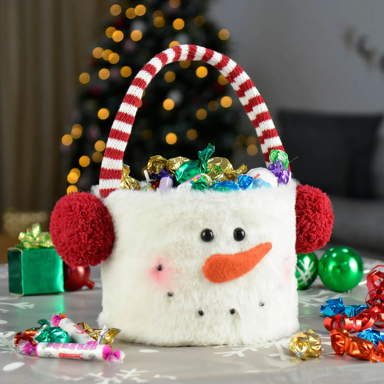 Fabric Christmas Treats Bucket Fleece Snowman Santa 26cm