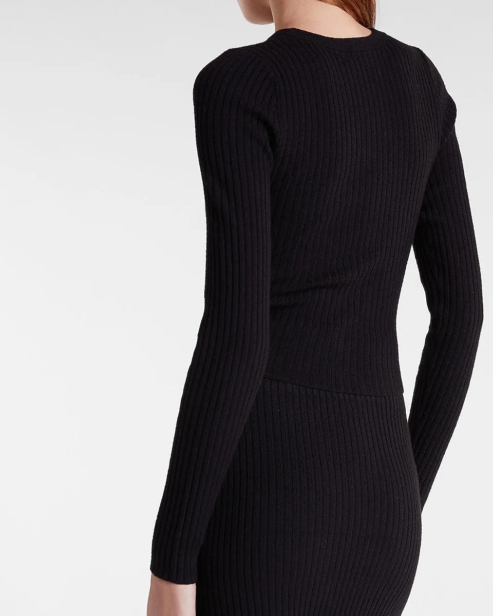 Fitted Ribbed Crew Neck Cropped Sweater in Pitch Black