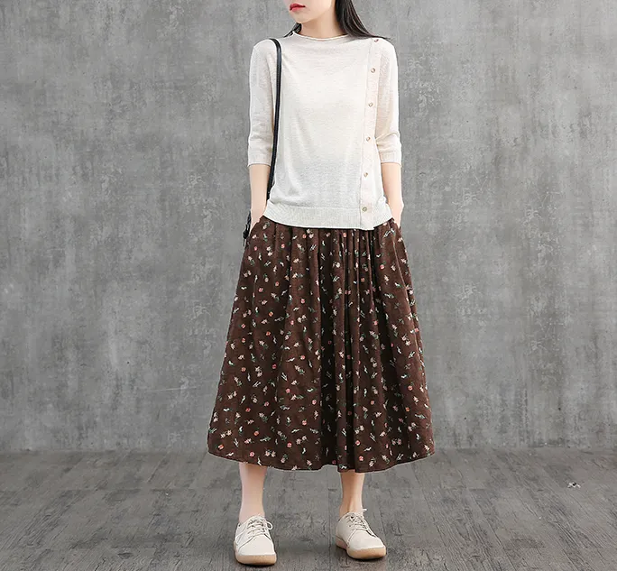 Floral Casual Cotton linen loose fitting Women's Skirts DZA2007121