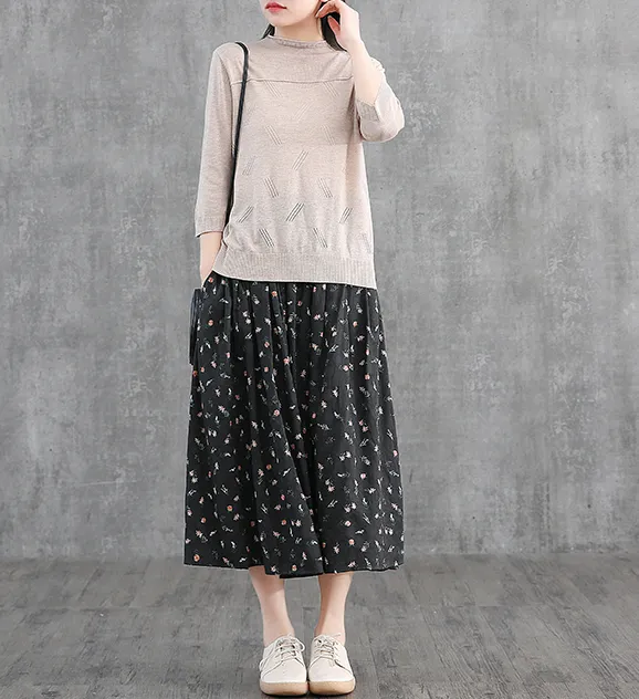 Floral Casual Cotton linen loose fitting Women's Skirts DZA2007121